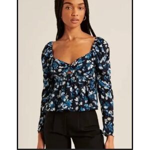 Abercrombie & Fitch Floral Puff Long Sleeve Top Blue XS Sweetheart Neck Smocking